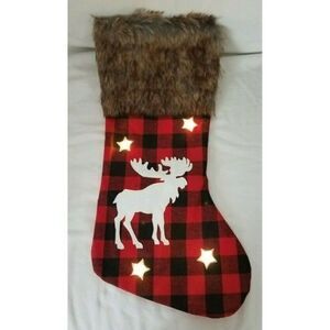Moose Christmas Stocking Blinking Light-Up Stars Faux Fur Black & Red Plaid